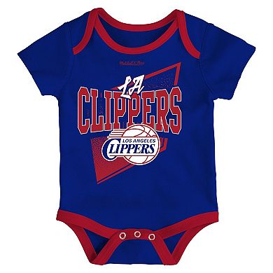 Newborn & Infant Mitchell & Ness Royal/Red LA Clippers 3-Piece Hardwood Classics Bodysuits & Cuffed Knit Hat Set