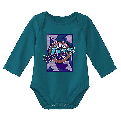 Infant Mitchell & Ness Purple/Teal Utah Jazz Hardwood Classics Bodysuits & Cuffed Knit Hat Set