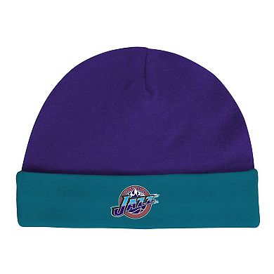 Infant Mitchell & Ness Purple/Teal Utah Jazz Hardwood Classics Bodysuits & Cuffed Knit Hat Set