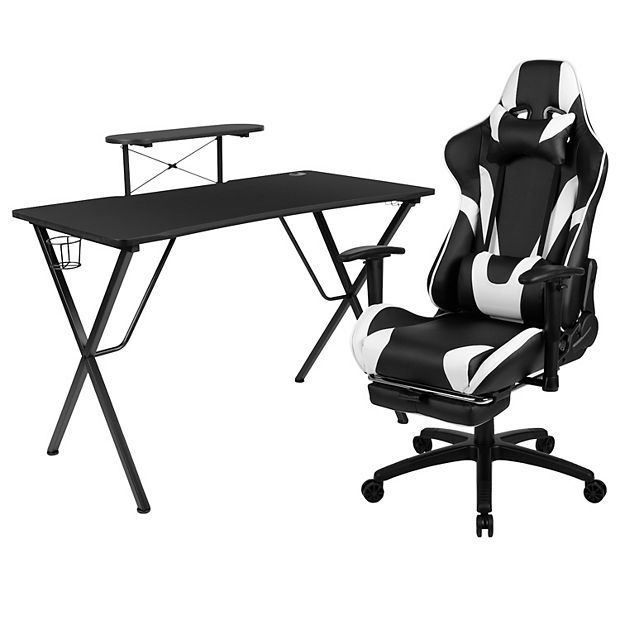 Gaming Desk and Blue Footrest Reclining Gaming Chair Set - Cup Holder