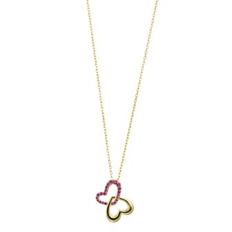 Sterling Silver Red Cubic Zirconia Double Heart Butterfly Pendant Necklace