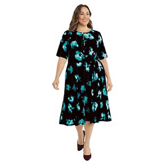 Plus Size London Times Keyhole Elbow Sleeve Midi Dress