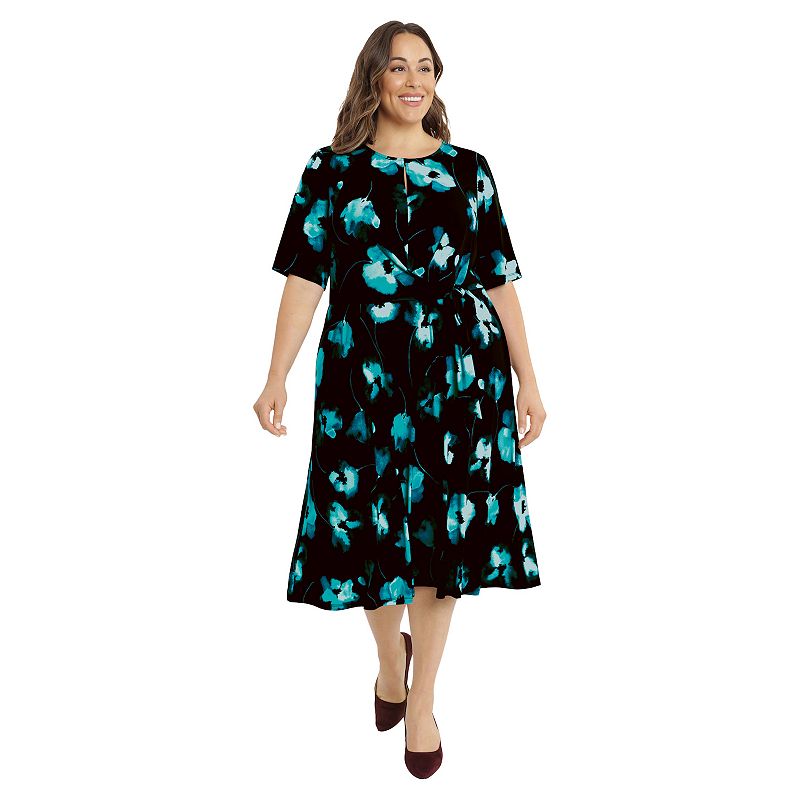 Plus Size London Times Keyhole Elbow Sleeve Midi Dress