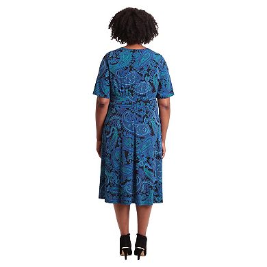 Plus Size London Times Three Quarter Sleeve Inset Waist Midi Dress