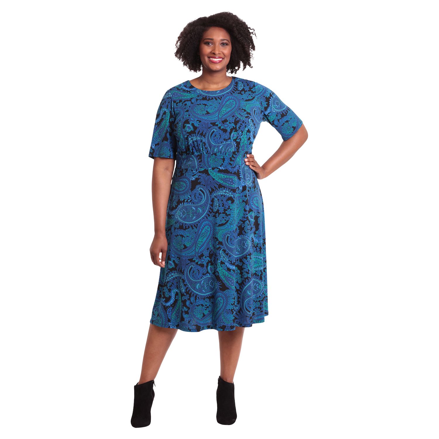 Plus Size London Times Three Quarter Sleeve Inset Waist Midi Dress