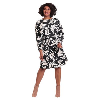 London Times Women's Plus Size Side Twist Flounce Dress, Black/Warm Sand, 14