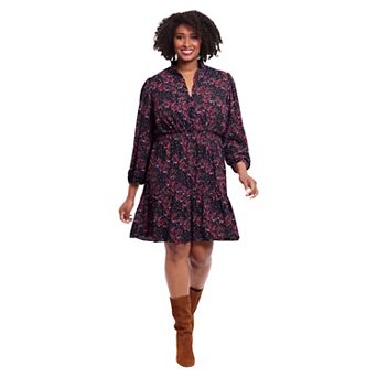 Plus Size London Times 3/4 Sleeve Smocked Waist Tiered Dress