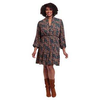 Plus Size London Times 3/4 Sleeve Smocked Waist Tiered Dress