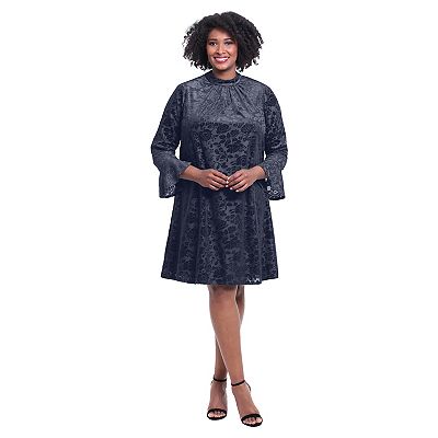 London Times Plus Womens Velvet Mini Fit & Flare Dress, Black/Navy