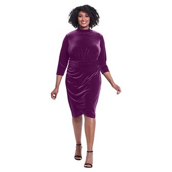Plus Size London Times Mockneck Ruched Velvet Dress
