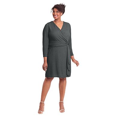 Plus Size London Times Shirred Surplice Side Flounce Long Sleeve Dress