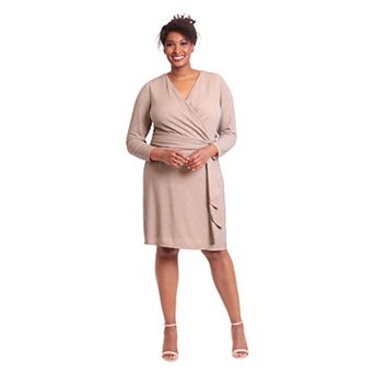 Plus Size London Times Shirred Surplice Side Flounce Long Sleeve Dress