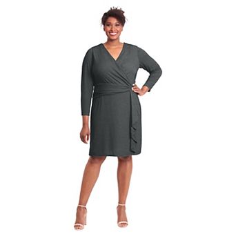 Plus Size London Times Shirred Surplice Side Flounce Long Sleeve Dress