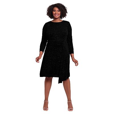 London Times Long Sleeve Draped Skirt Dress - Plus Black / 22w