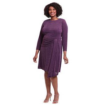 Plus Size London Times Sparkly Long Sleeve Drape Skirt Dress
