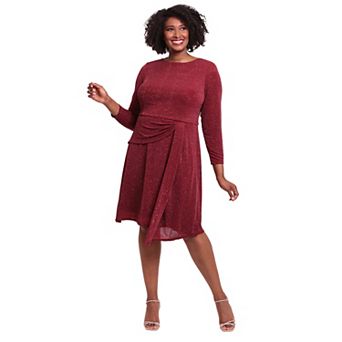 Plus Size London Times Sparkly Long Sleeve Drape Skirt Dress