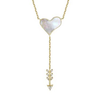 14k Gold Plated Diamond Cubic Zirconia & Mother of Pearl Cupid's Arrow Heart Y-Necklace