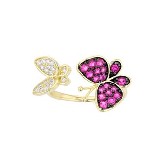 14k Gold Over Silver Red & White Cubic Zirconia Double Butterfly Stacking Ring