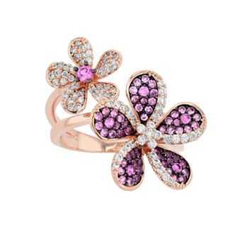 18k Rose Gold Over Silver Pink & White Cubic Zirconia Floral Ring