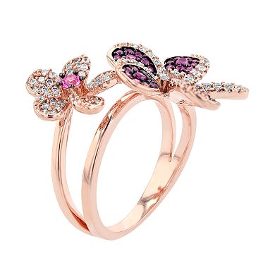 18k Rose Gold Over Silver Pink & White Cubic Zirconia Floral Ring