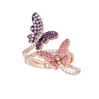 18k Rose Gold Over Silver Pink & Purple Cubic Zirconia Butterfly Ring