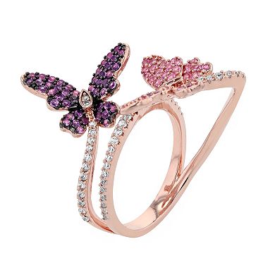 18k Rose Gold Over Silver Pink & Purple Cubic Zirconia Butterfly Ring