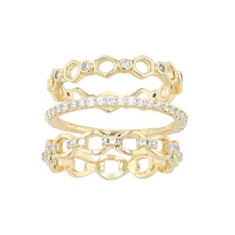14k Gold Over Silver Cubic Zirconia Ring Trio Set