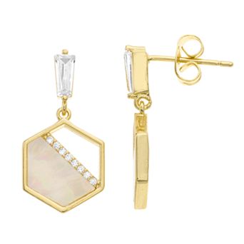 14k Gold Over Silver Mother-of-Pearl & Cubic Zirconia Hexagon Dangle Earrings