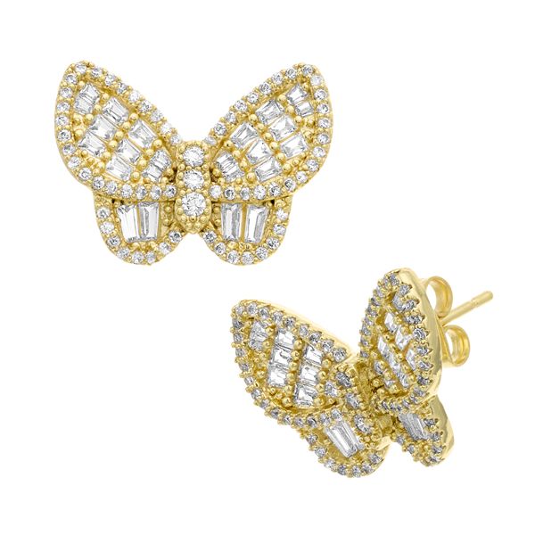 Stylish Gold Sterling Silver Overgild Zircon Drip Glaze Butterfly Pearl Stud Earrings