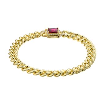 14k Gold Over Silver Red & White Cubic Zirconia Halo Curb Chain Bracelet