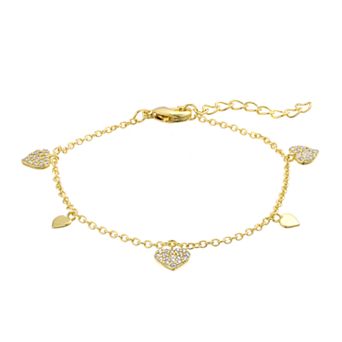 14k Gold Over Silver Cubic Zirconia Heart Charm Bracelet