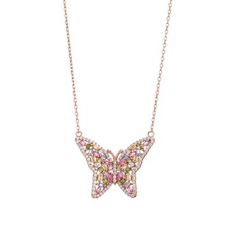 18k Rose Gold Over Silver Multicolor Cubic Zirconia Butterfly Necklace