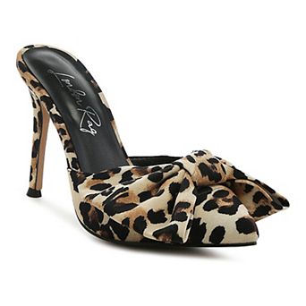 Joelle Women's High Heel Bow Tie Leopard Print Mules