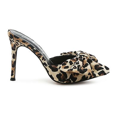 Joelle Women's High Heel Bow Tie Leopard Print Mules