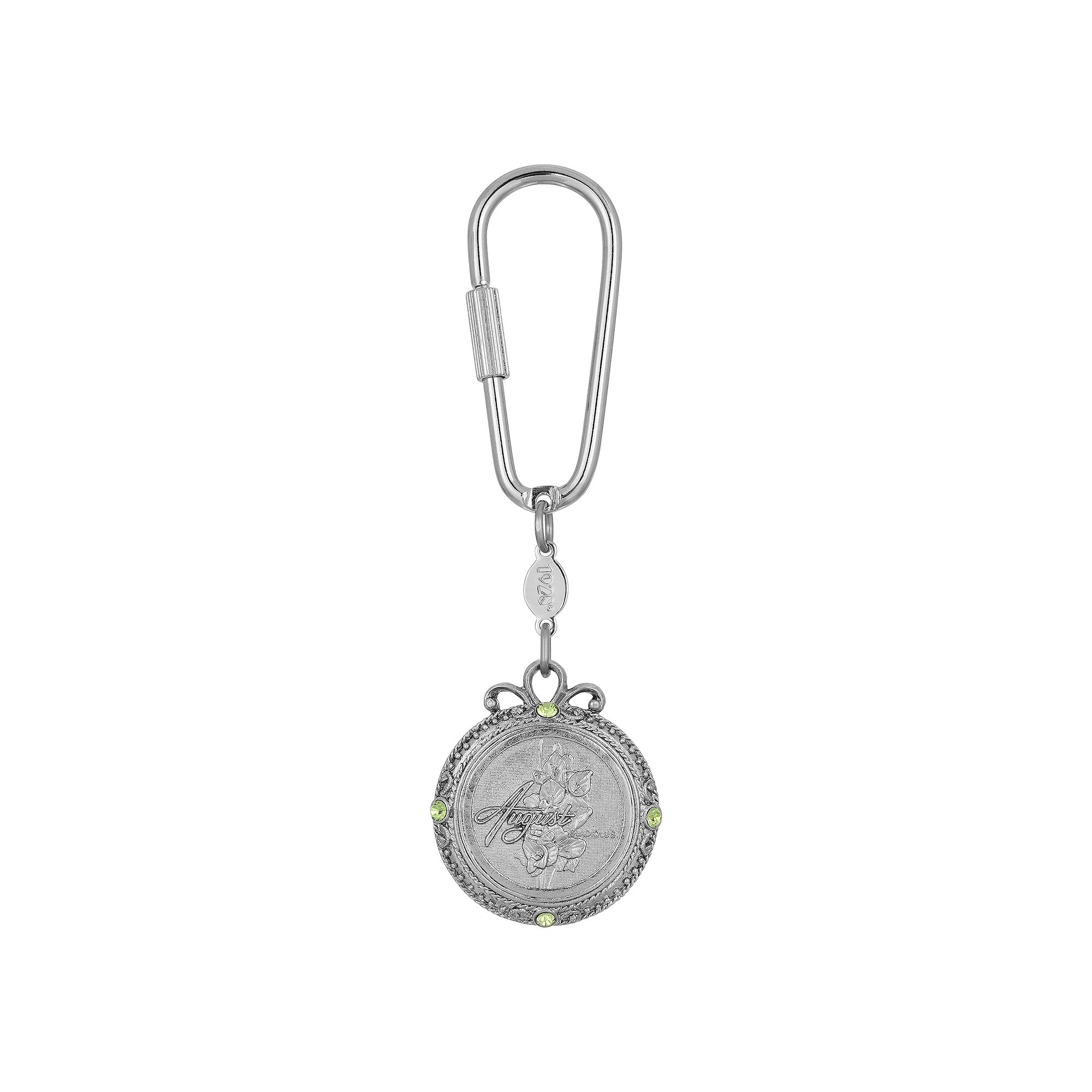 1928 Silver Tone Flower of the Month Narcissus Key Fob, August Green
