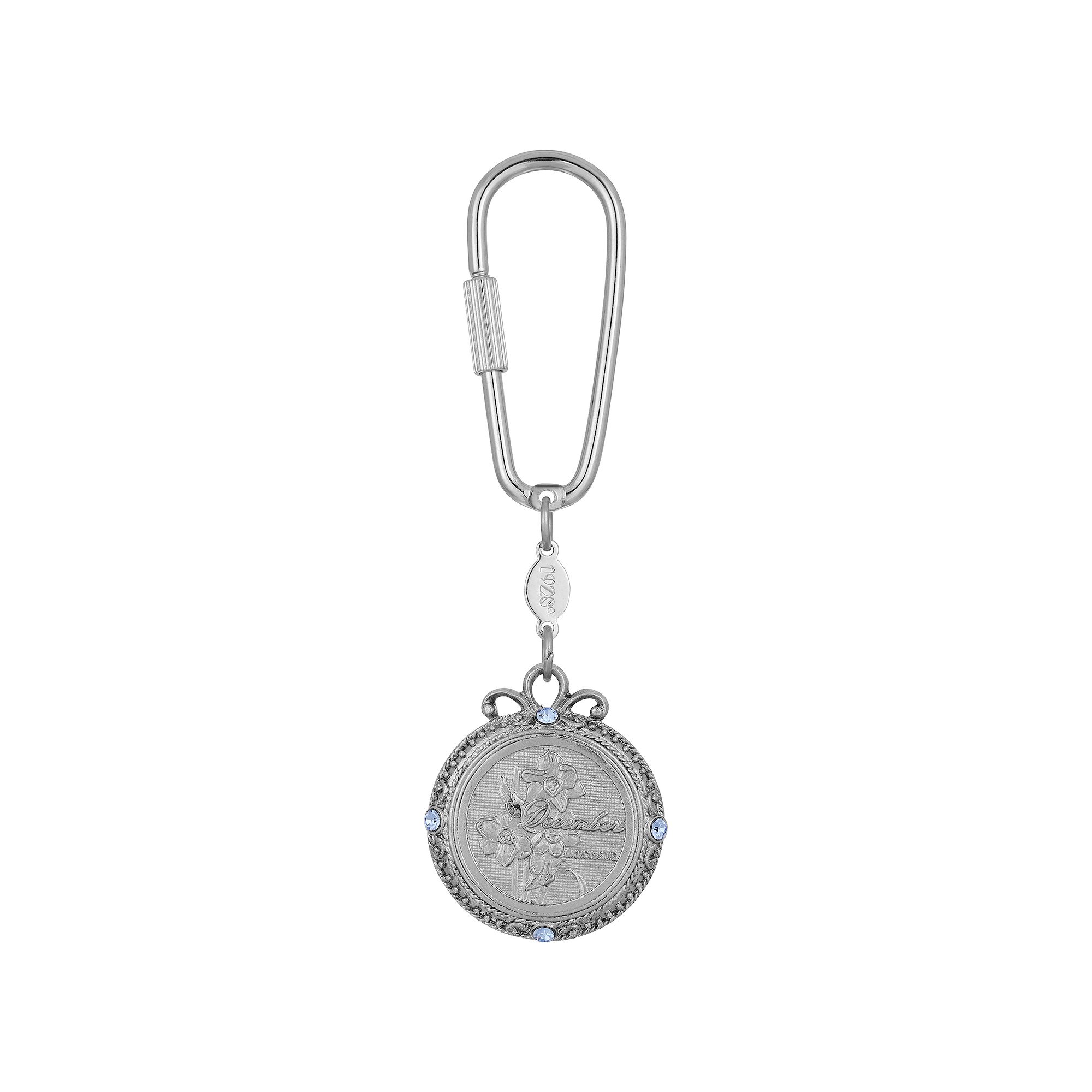 1928 Silver Tone Flower of the Month Narcissus Key Fob, December Blue