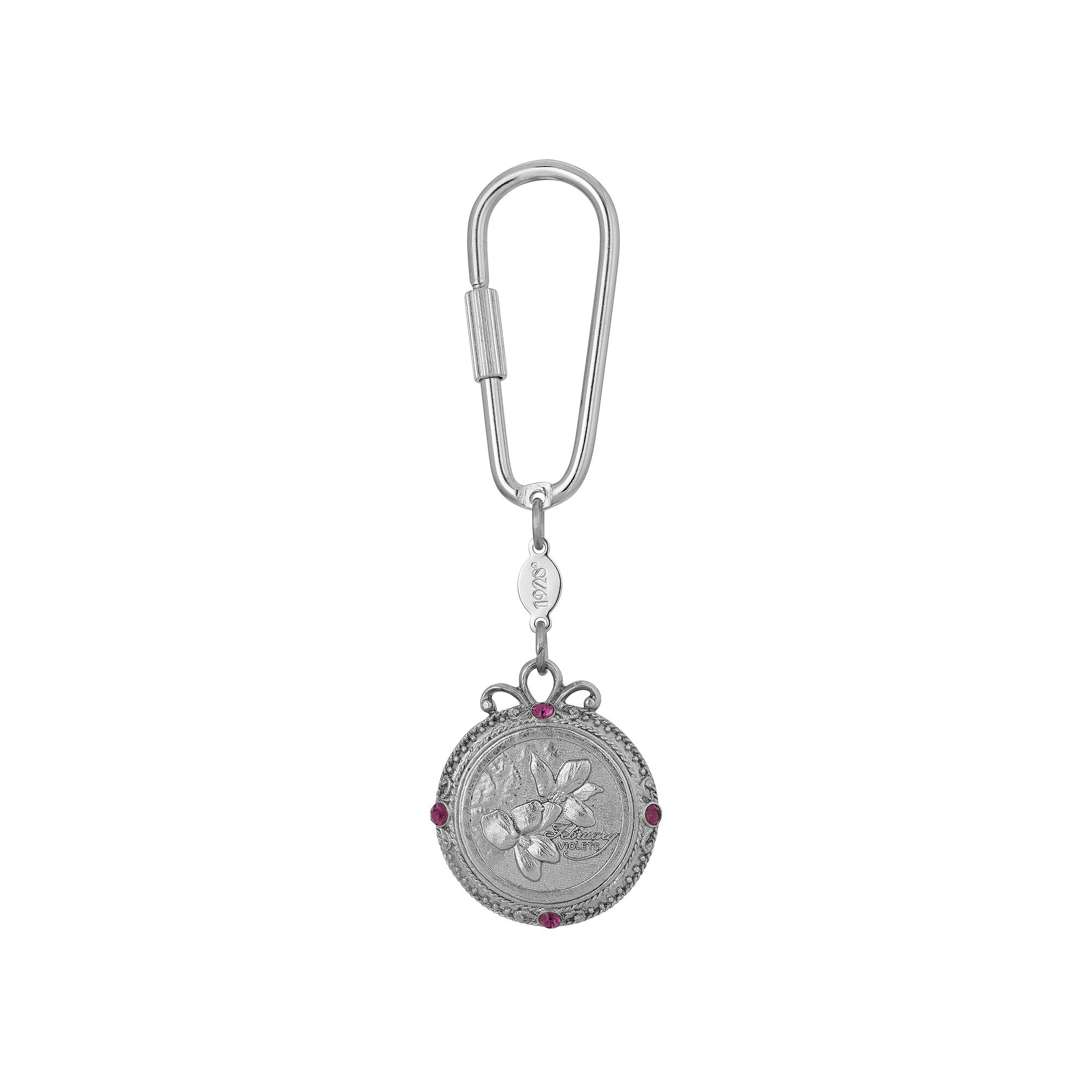 1928 Silver Tone Flower of the Month Narcissus Key Fob, February Purple