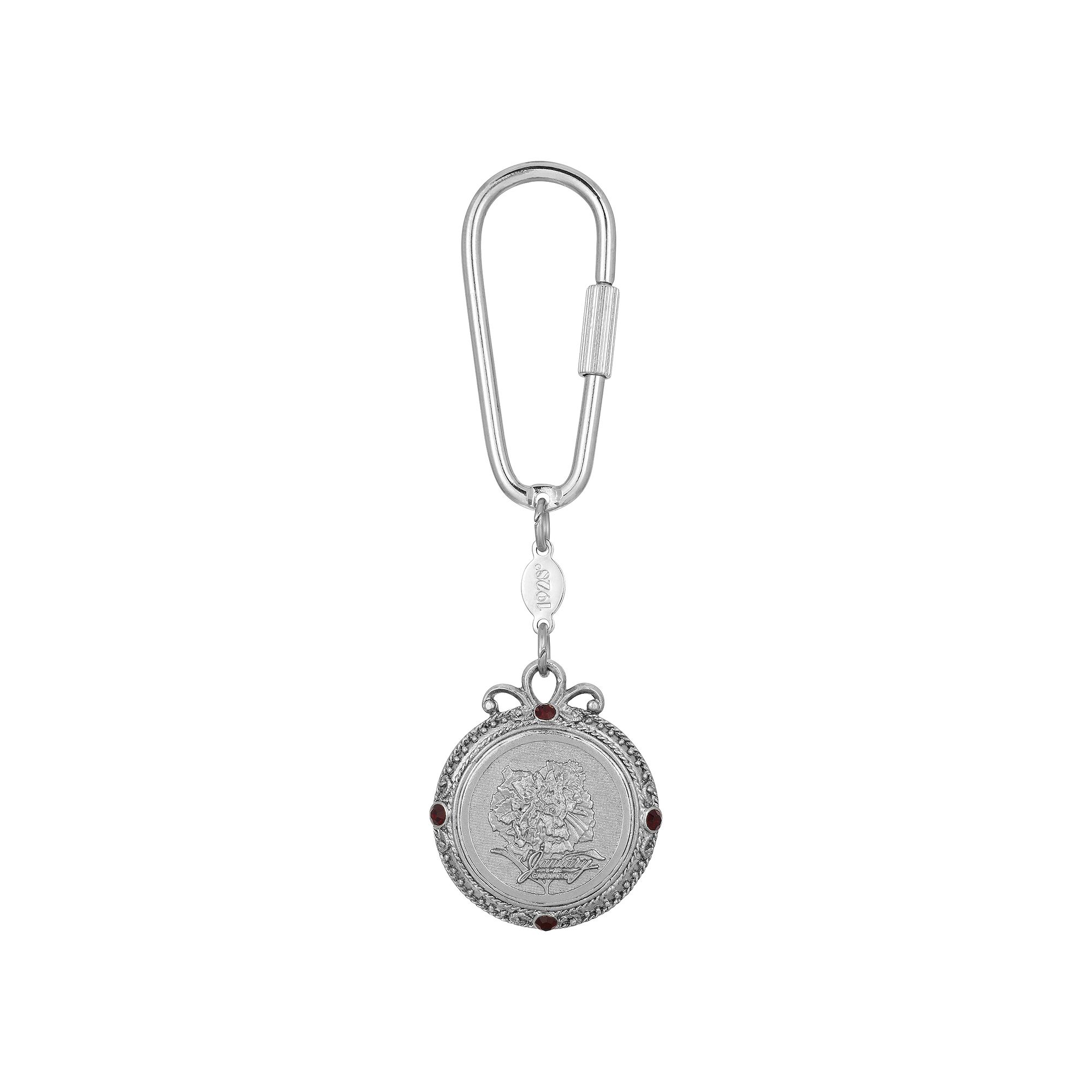 1928 Silver Tone Flower of the Month Narcissus Key Fob, January Red