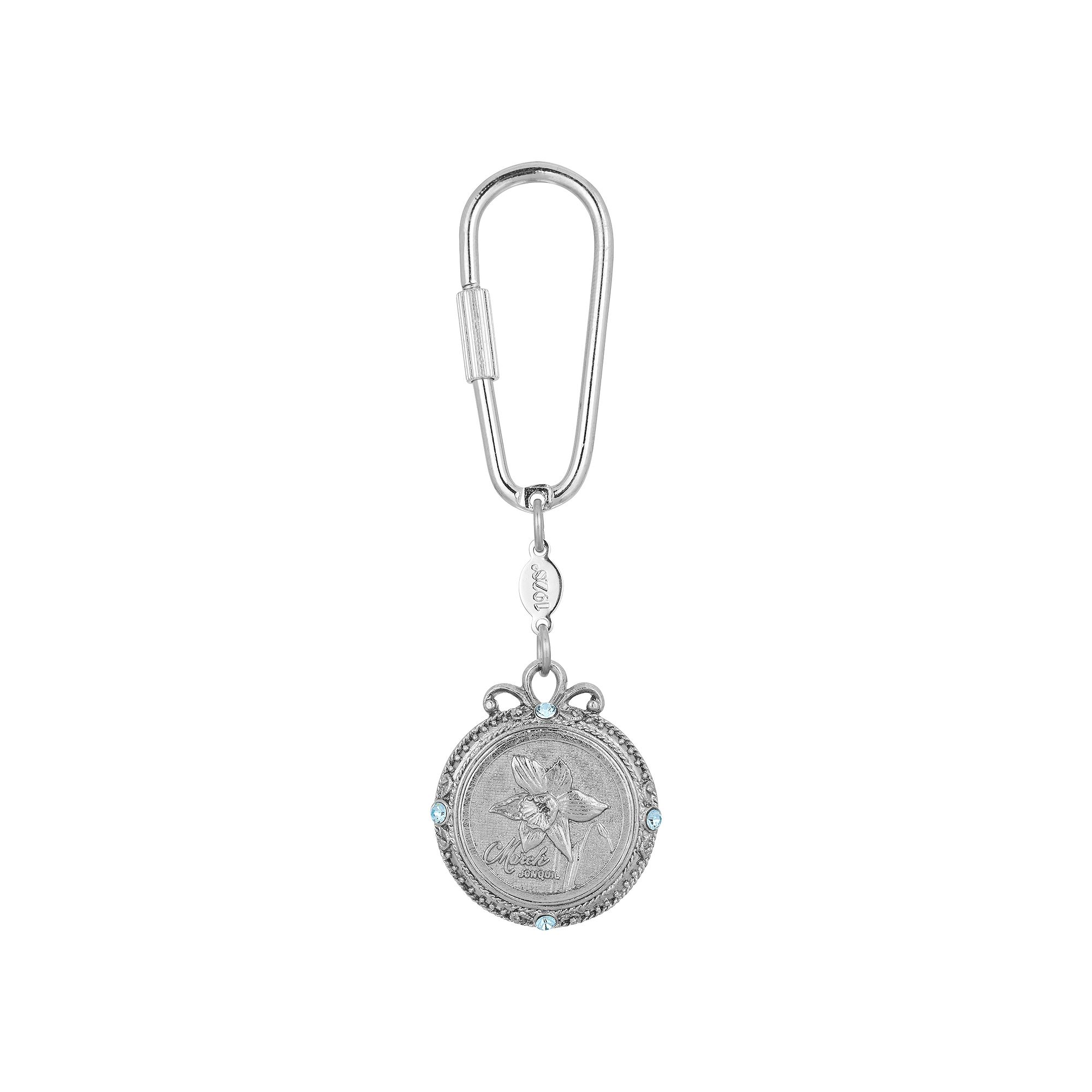 1928 Silver Tone Flower of the Month Narcissus Key Fob, March Blue