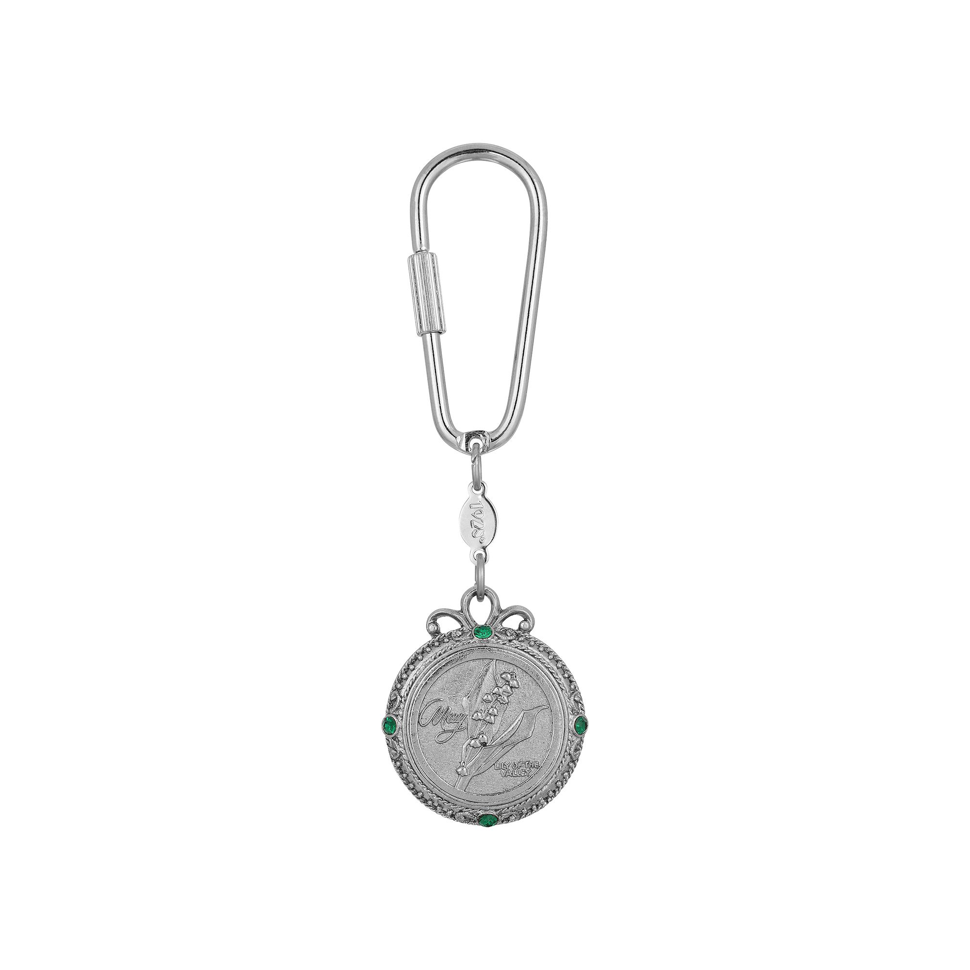 1928 Silver Tone Flower of the Month Narcissus Key Fob, May Green