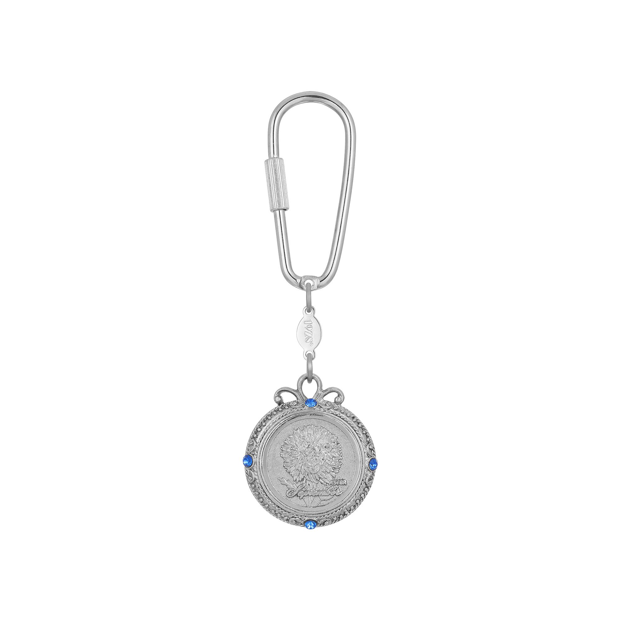 1928 Silver Tone Flower of the Month Narcissus Key Fob, September Blue