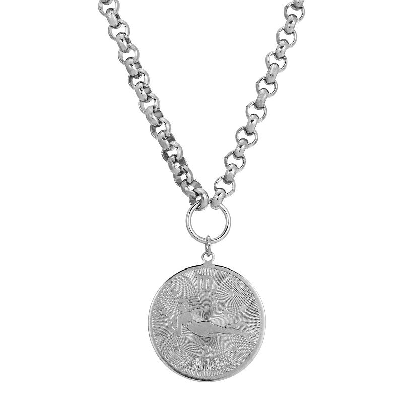 1928 Round Sagitarius Pendant Necklace, Womens, Silver