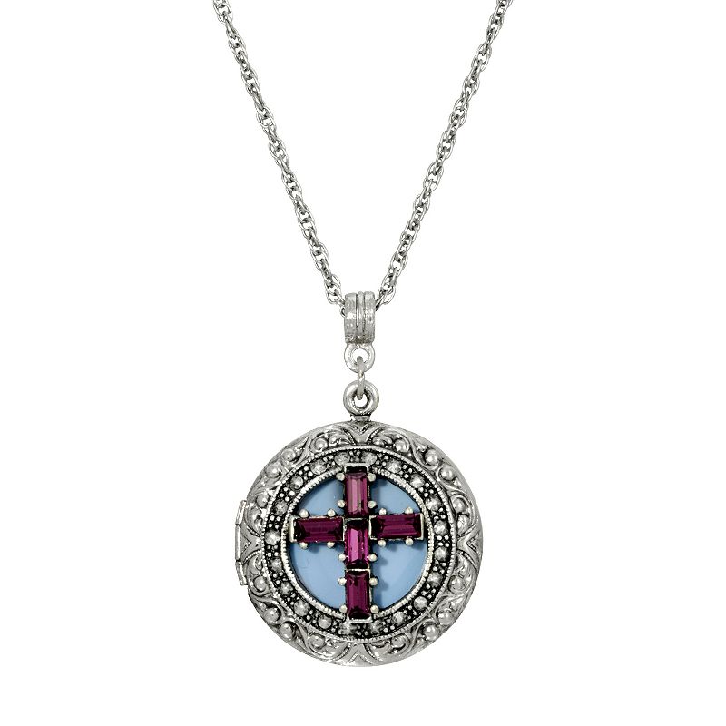 1928 Purple Crystal Cross Locket Necklace, Womens, Blue