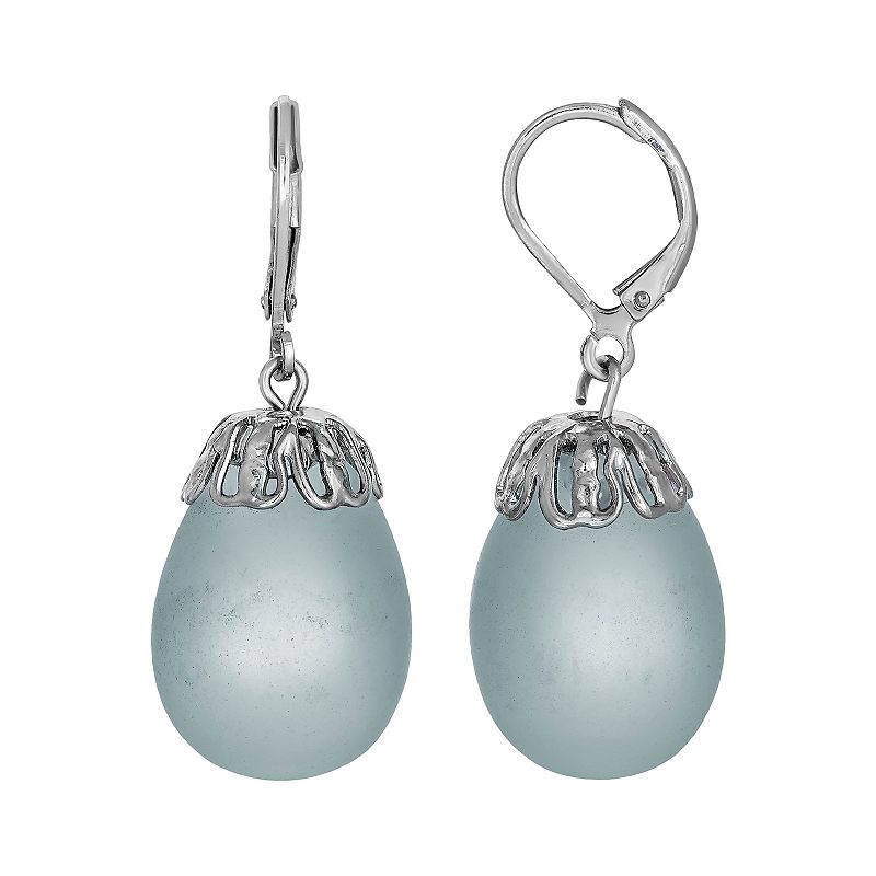 1928 Silver Tone Glass Egg Drop Earrings, Womens, Blue