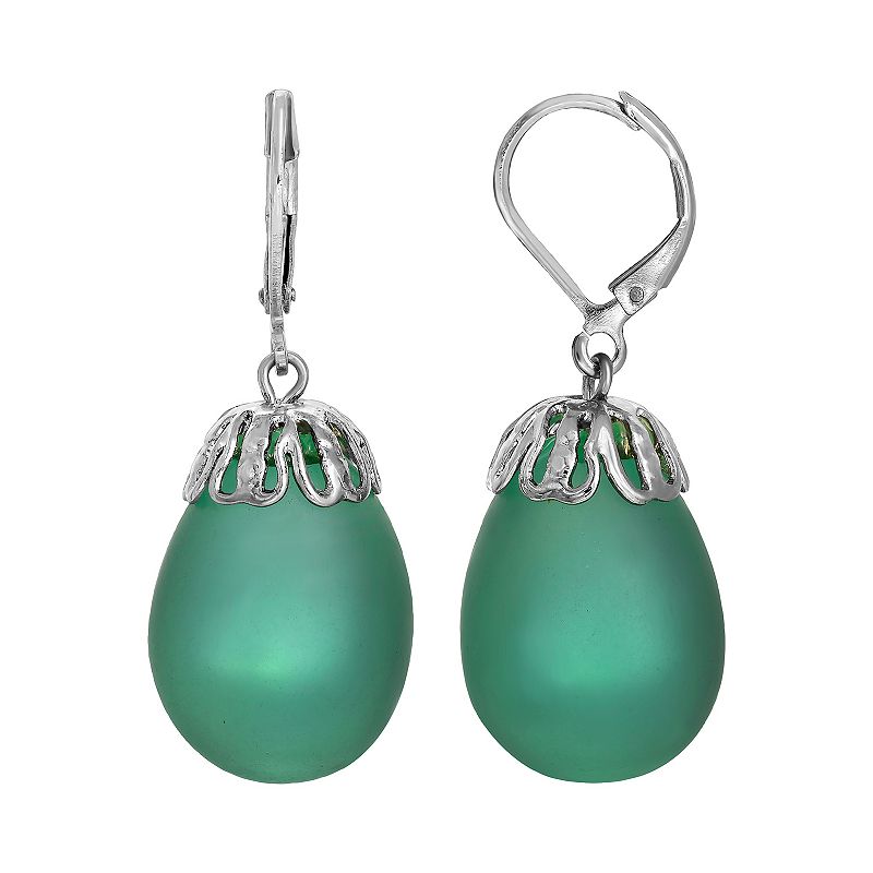 1928 Silver Tone Glass Egg Drop Earrings, Womens, Green