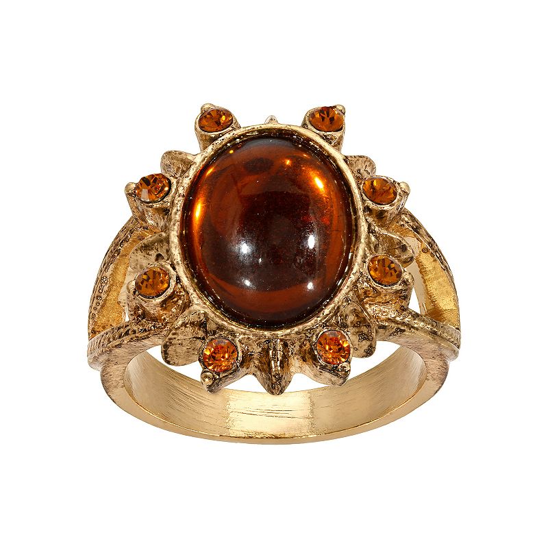 1928 Gold Tone Brown Oval Ring, Womens, Size: 7
