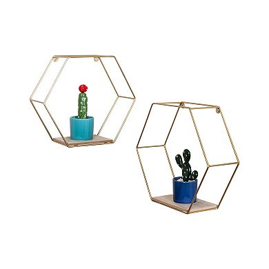 Honey-Can-Do Set of Hexagonal Decorative Gold-Tone Metal Wall Shelf 2-Piece Set