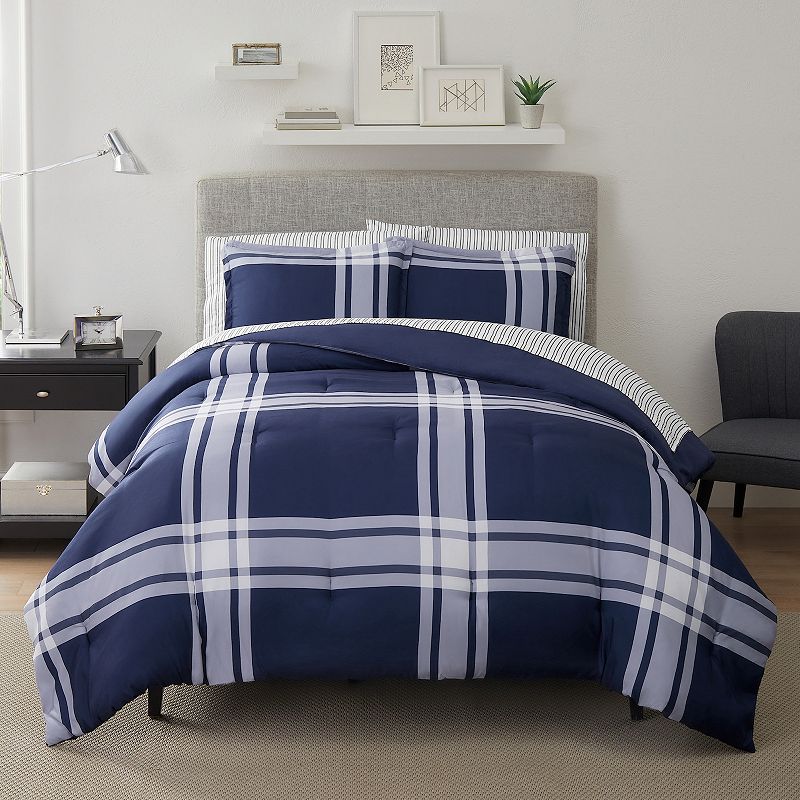 Serta Simply Clean Jax Plaid Antimicrobial Comforter Set with Sheets, Blue,