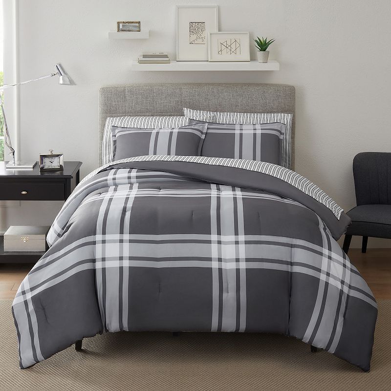 Serta Simply Clean Jax Plaid Antimicrobial Comforter Set with Sheets, Grey,