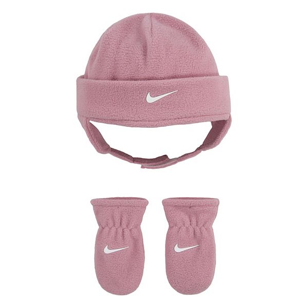 Baby Girl Nike Swoosh Pink Fleece Trapper Hat & Mittens Set